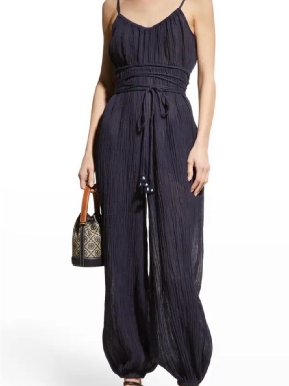 Tory Burch Ramie Cotton Gauze Jumpsuit Navy Tie Waist Balloon Leg Harem Boho S